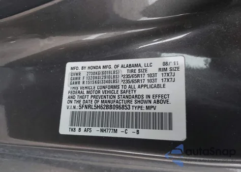 2011 Honda Odyssey Ex-L z USA, uszkodzony, nr VIN 5FNRL5H62BB096853